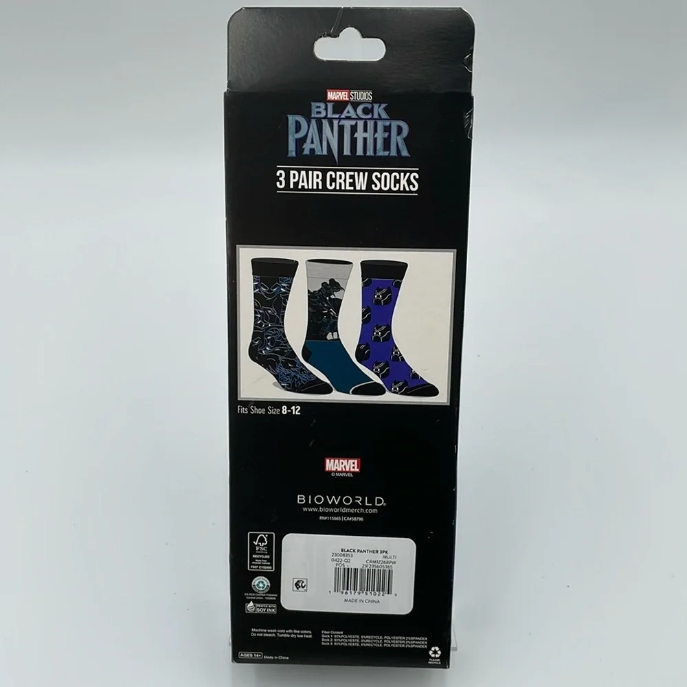 BLACK PANTHER 3 Pair Men’s‎ Crew Socks Shoe Size 8-12 - New in retail packaging
